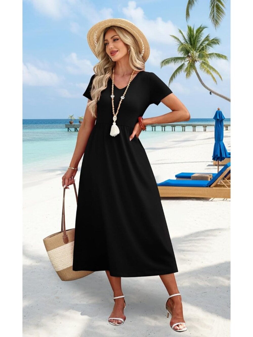 Women's Solid Black Flowy Casual A Line Midi Beach Sundresses With Pocket - Picture 2 of 5